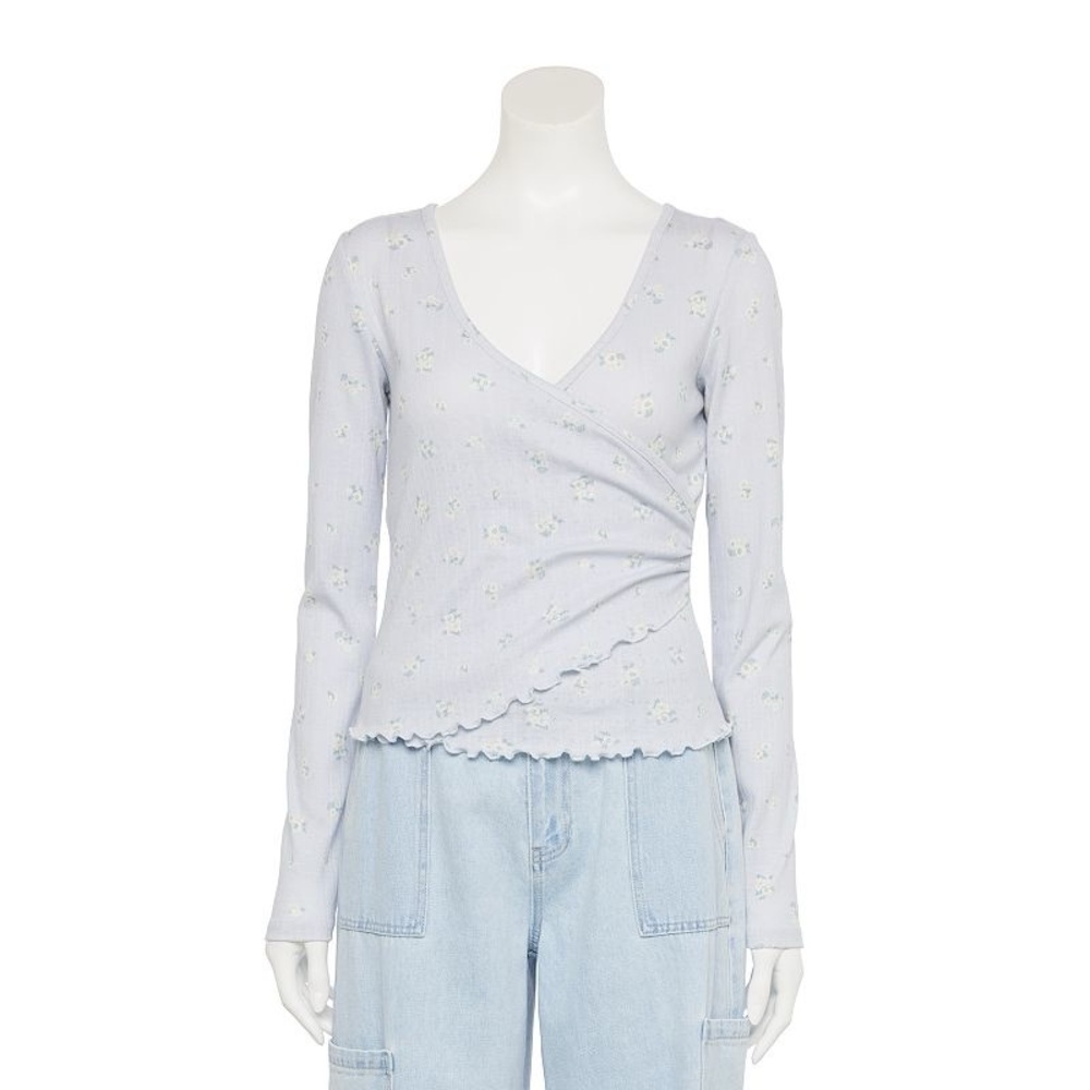 SO Floral V-Neck Long Sleeve Top - Light Blue - SM